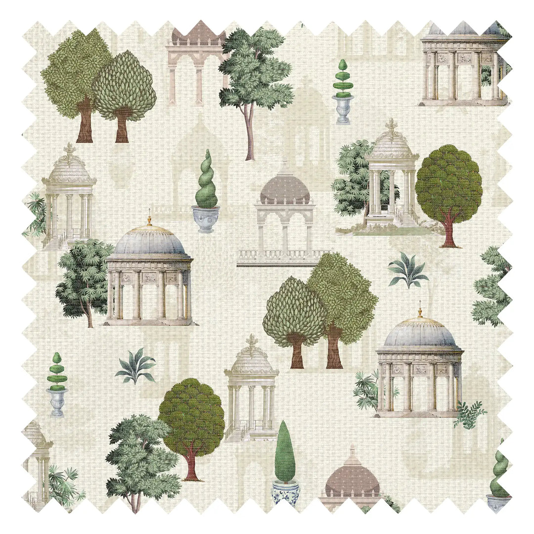 Pavilion Garden Fabric in Greens on Parchment Cream