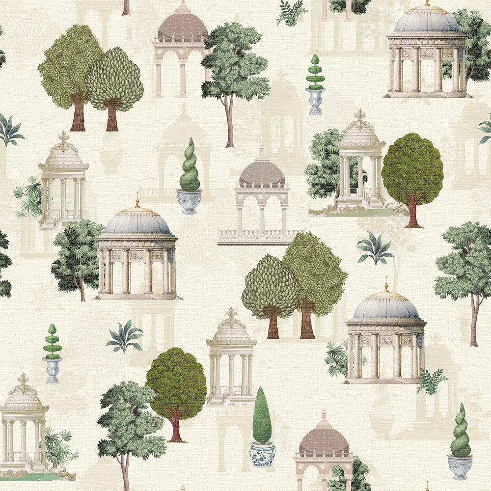 Pavilion Garden Wallpaper in Greens on Parchment Cream