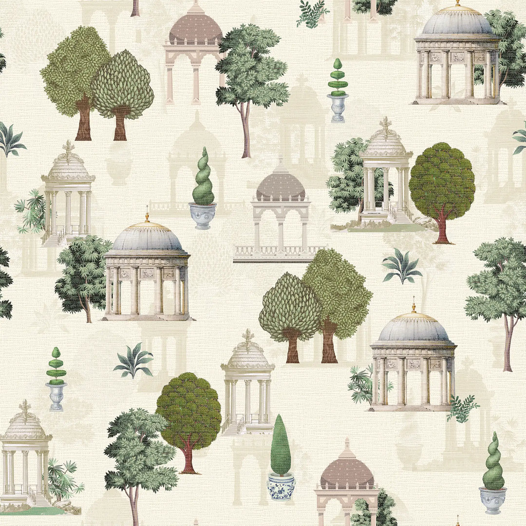 Pavilion Garden Wallpaper in Greens on Parchment Cream