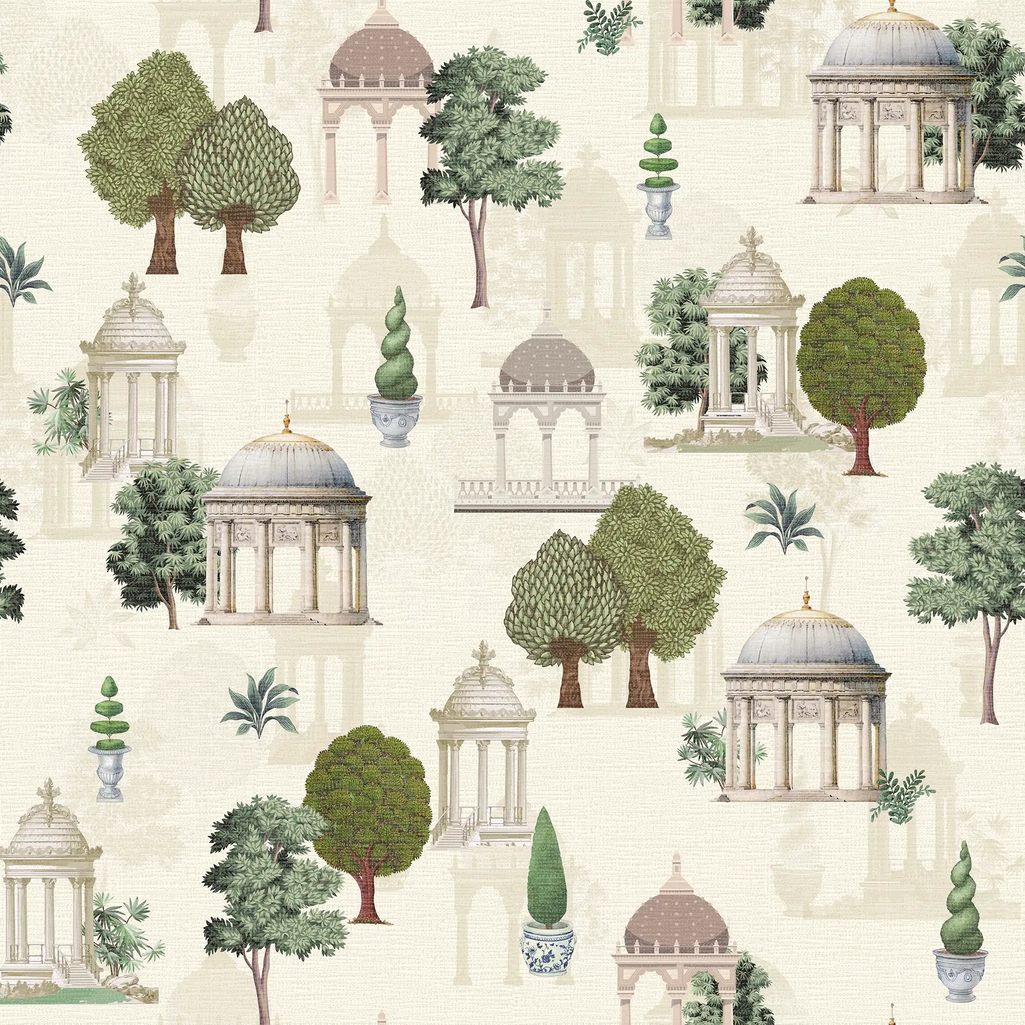 Pavilion Garden Wallpaper in Greens on Parchment Cream