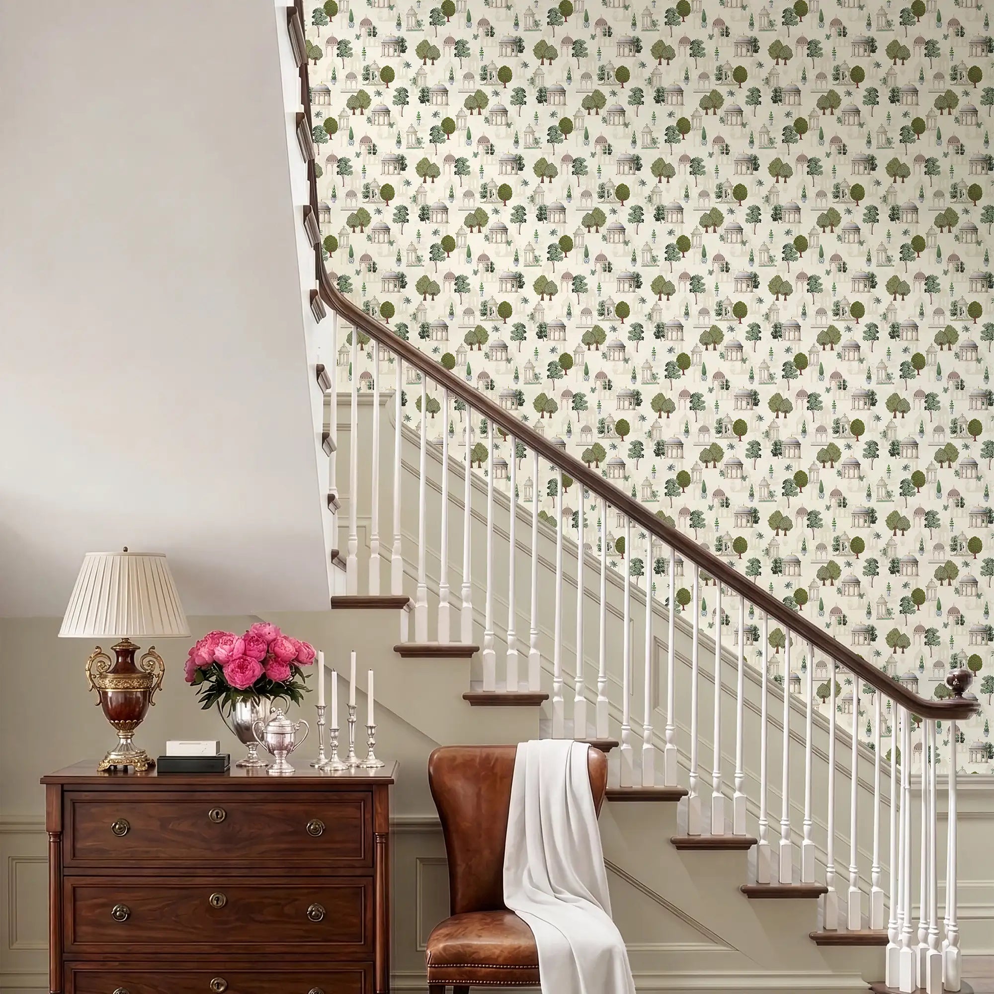 Pavilion Garden Wallpaper in Greens on Parchment Cream