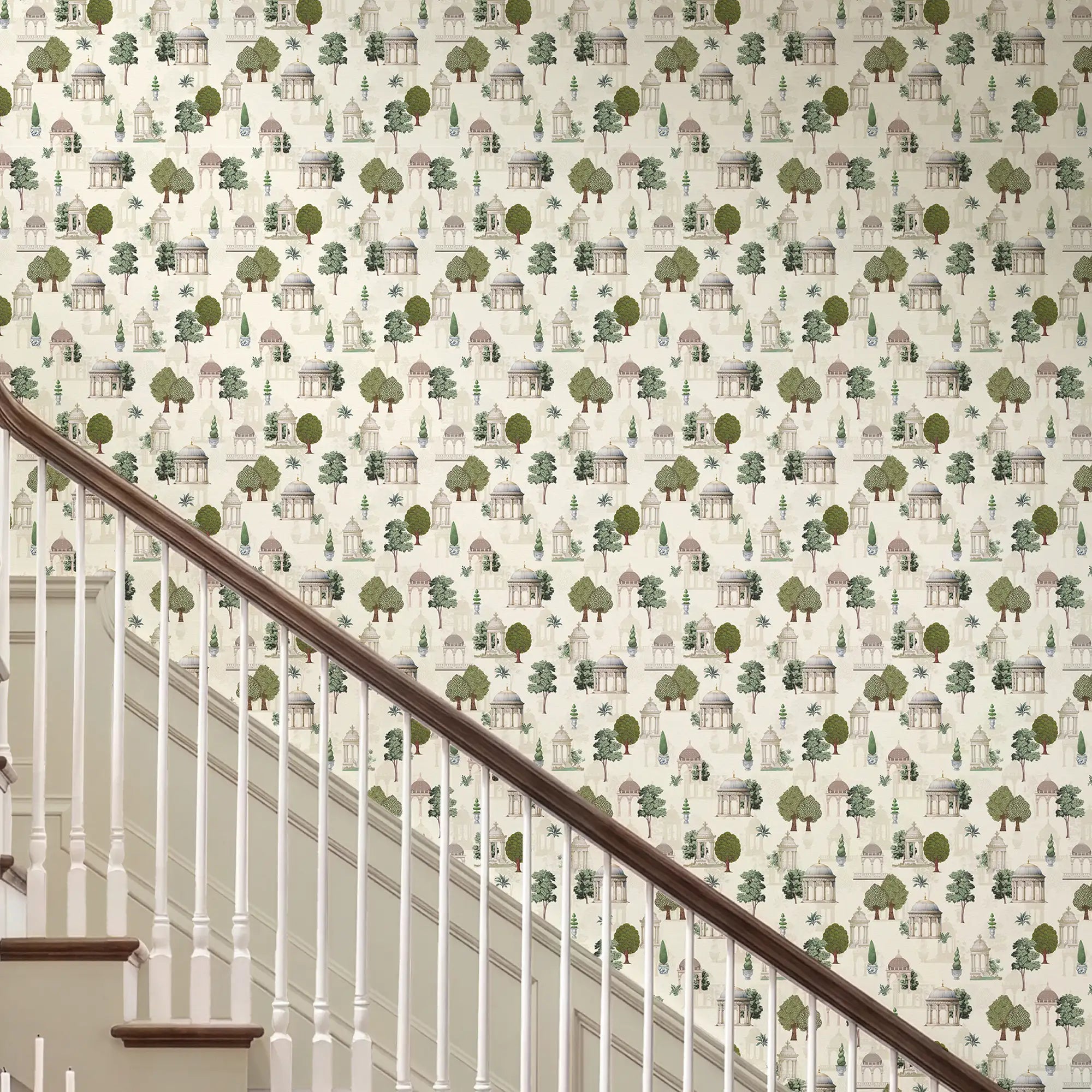 Pavilion Garden Wallpaper in Greens on Parchment Cream