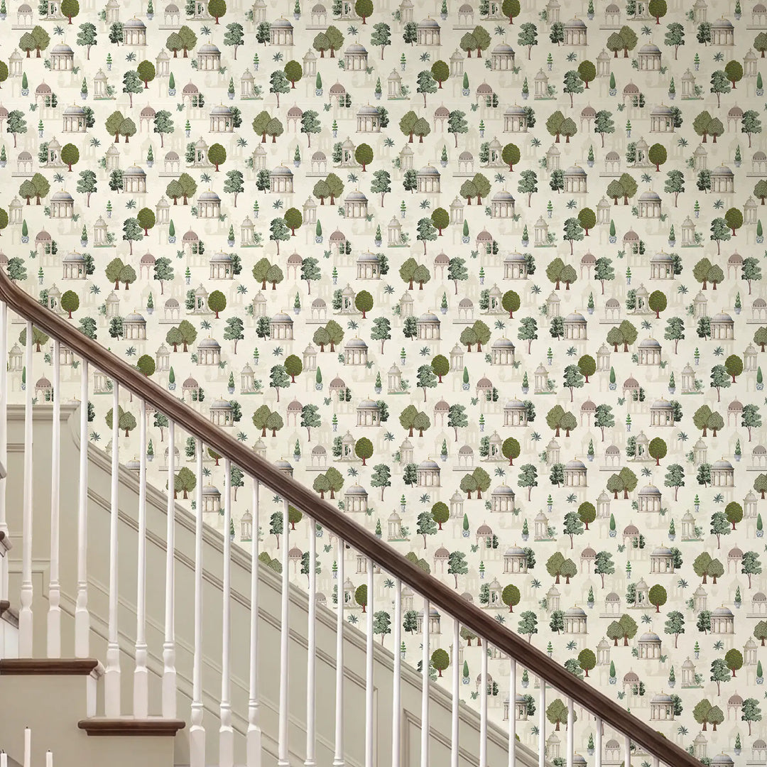 Pavilion Garden Wallpaper in Greens on Parchment Cream