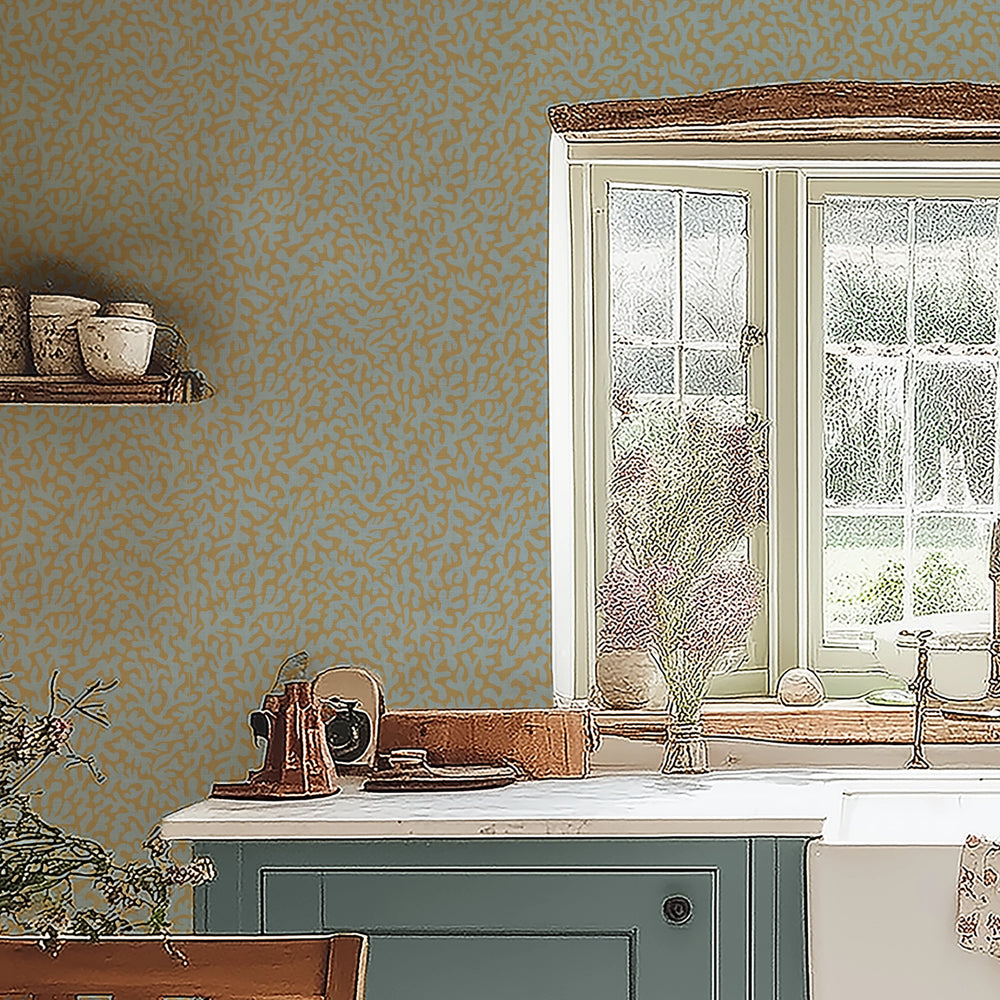 Petite Coral Cove Wallpaper in Cornflower Blue and Rich Ochre