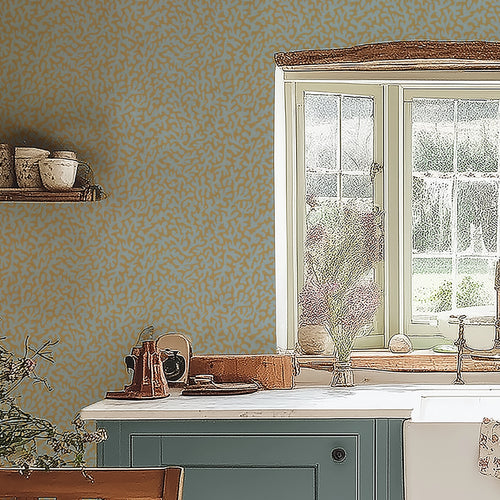 Petite Coral Cove Wallpaper in Cornflower Blue and Rich Ochre