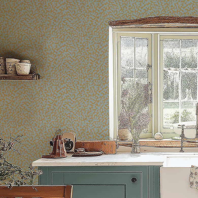 Petite Coral Cove Wallpaper in Cornflower Blue and Rich Ochre