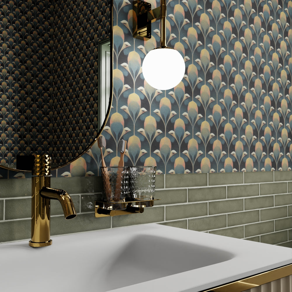 Plume de Paon Wallpaper in Rustic Green, Ochre and Teal