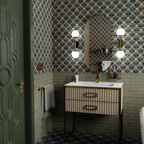 Plume de Paon Wallpaper in Rustic Green, Ochre and Teal