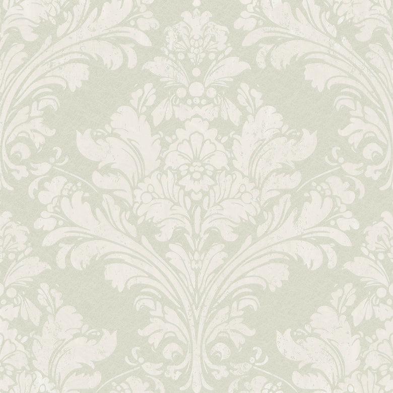 Regal Damask Wallpaper in Cream on Green
