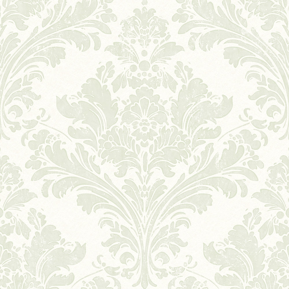 Regal Damask Wallpaper in Green on Cream