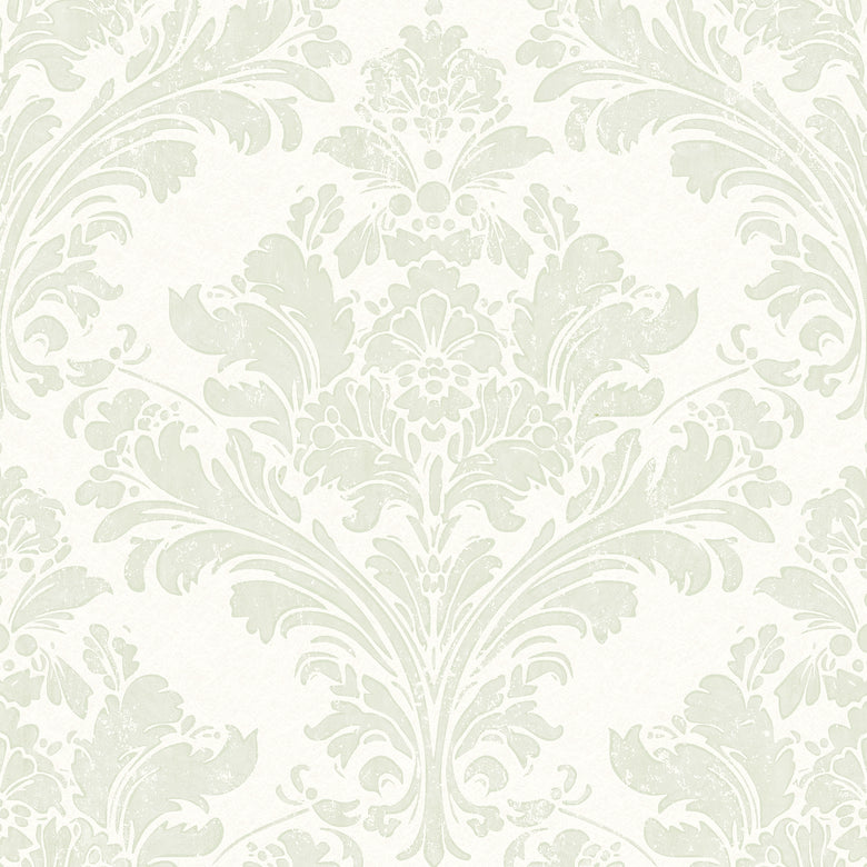 Regal Damask Wallpaper in Green on Cream
