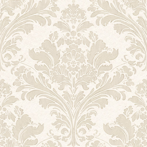 Regal Damask Wallpaper in Stone on Cream