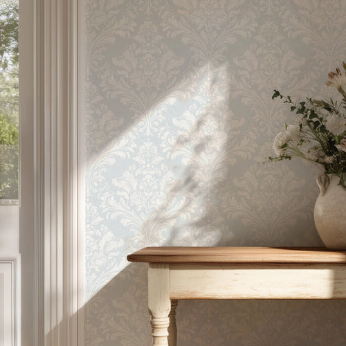 Regal Damask Wallpaper in Cream on Blue