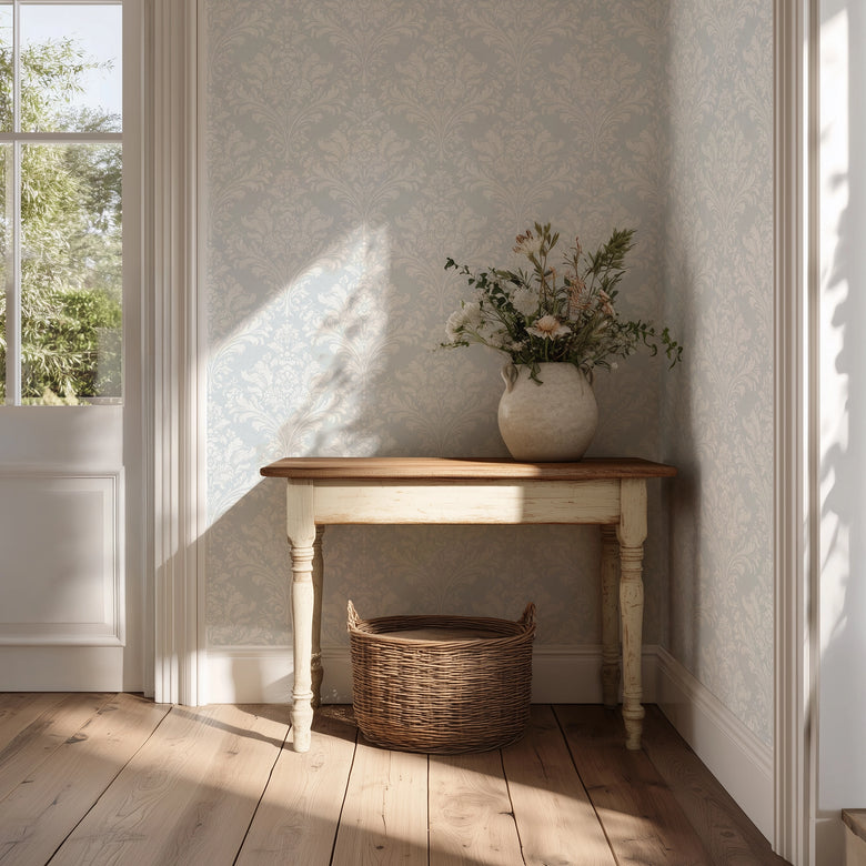 Regal Damask Wallpaper in Cream on Blue