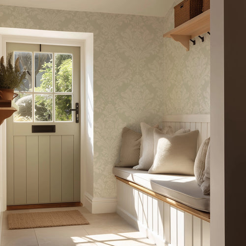 Regal Damask Wallpaper in Cream on Green