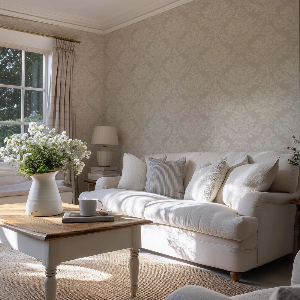 Regal Damask Wallpaper in Cream on Stone