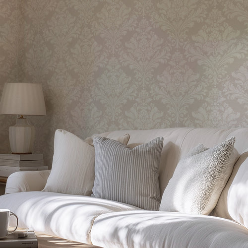 Regal Damask Wallpaper in Cream on Stone