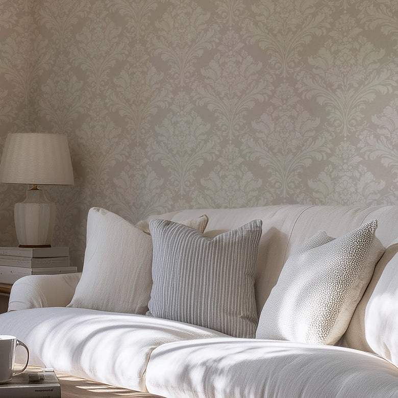 Regal Damask Wallpaper in Cream on Stone