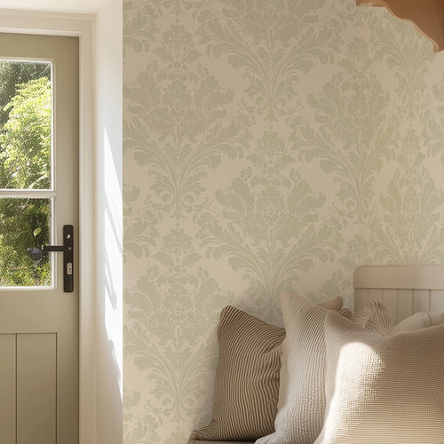 Regal Damask Wallpaper in Green on Cream