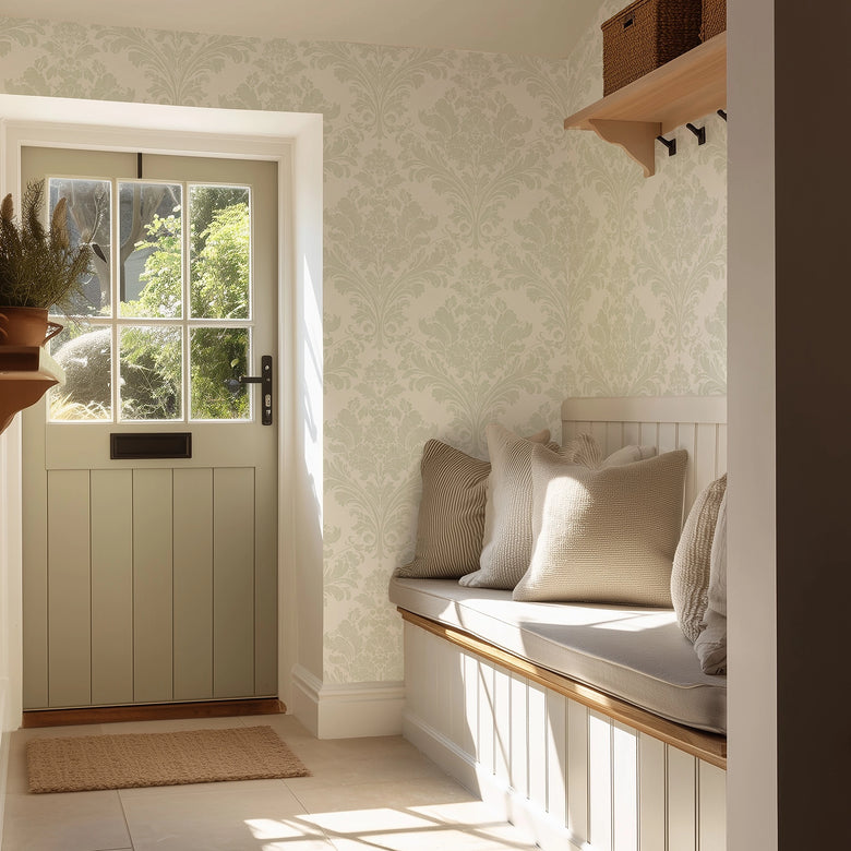 Regal Damask Wallpaper in Green on Cream