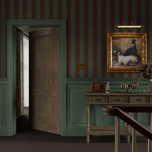 Regent Stripe Wallpaper in Garnet and Pine Green