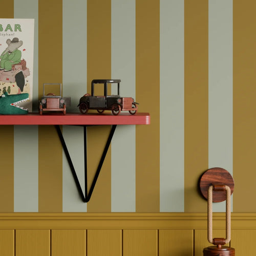 Regent Stripe Wallpaper in Mustard and Warm Grey