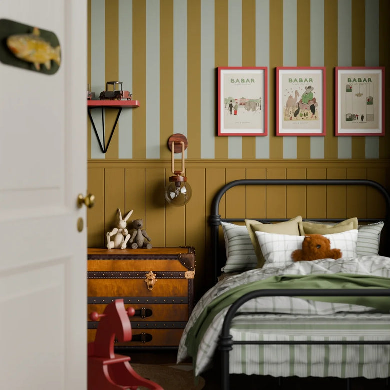 Regent Stripe Wallpaper in Mustard and Warm Grey