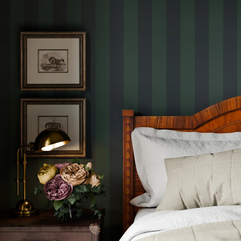 Regent Stripe Wallpaper in Oxford Blue and Pine Green