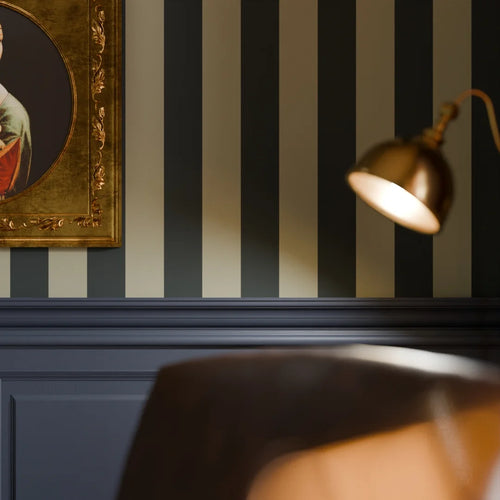 Regent Stripe Wallpaper in Oxford Blue and Warm Grey