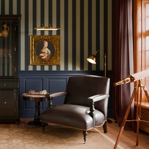 Regent Stripe Wallpaper in Oxford Blue and Warm Grey