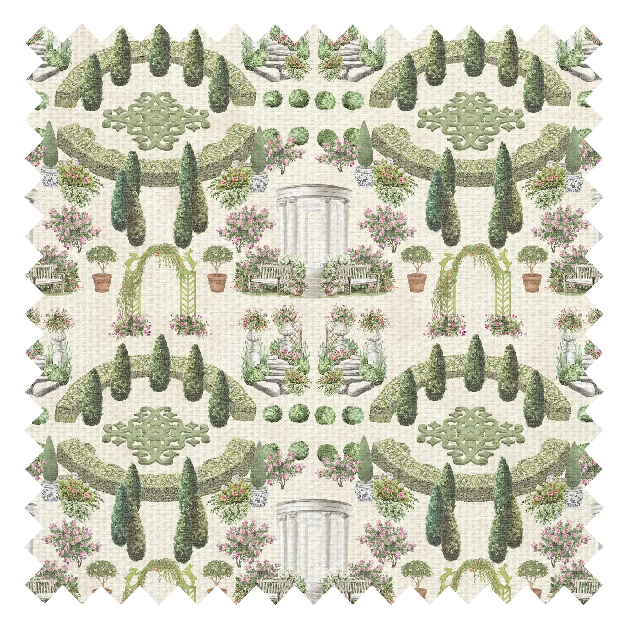 Romantic Garden Retreat Fabric in Greens and Pinks on Parchment Cream