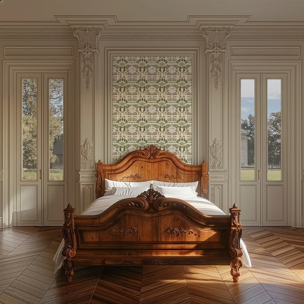 Romantic Garden Retreat Wallpaper in Greens and Pinks on Parchment Cream