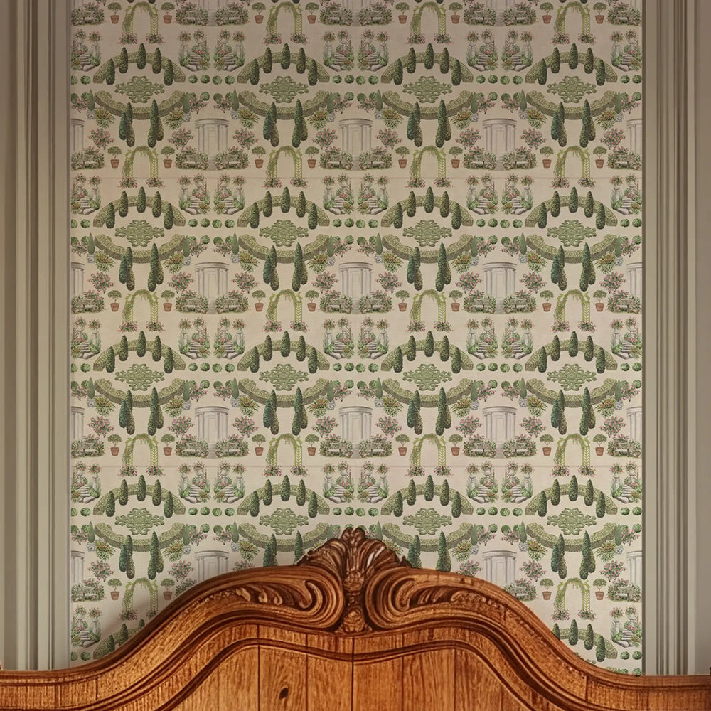 Romantic Garden Retreat Wallpaper in Greens and Pinks on Parchment Cream