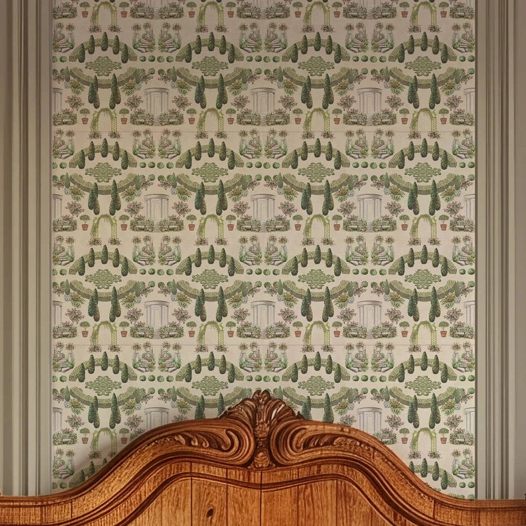Romantic Garden Retreat Wallpaper in Greens and Pinks on Parchment Cream