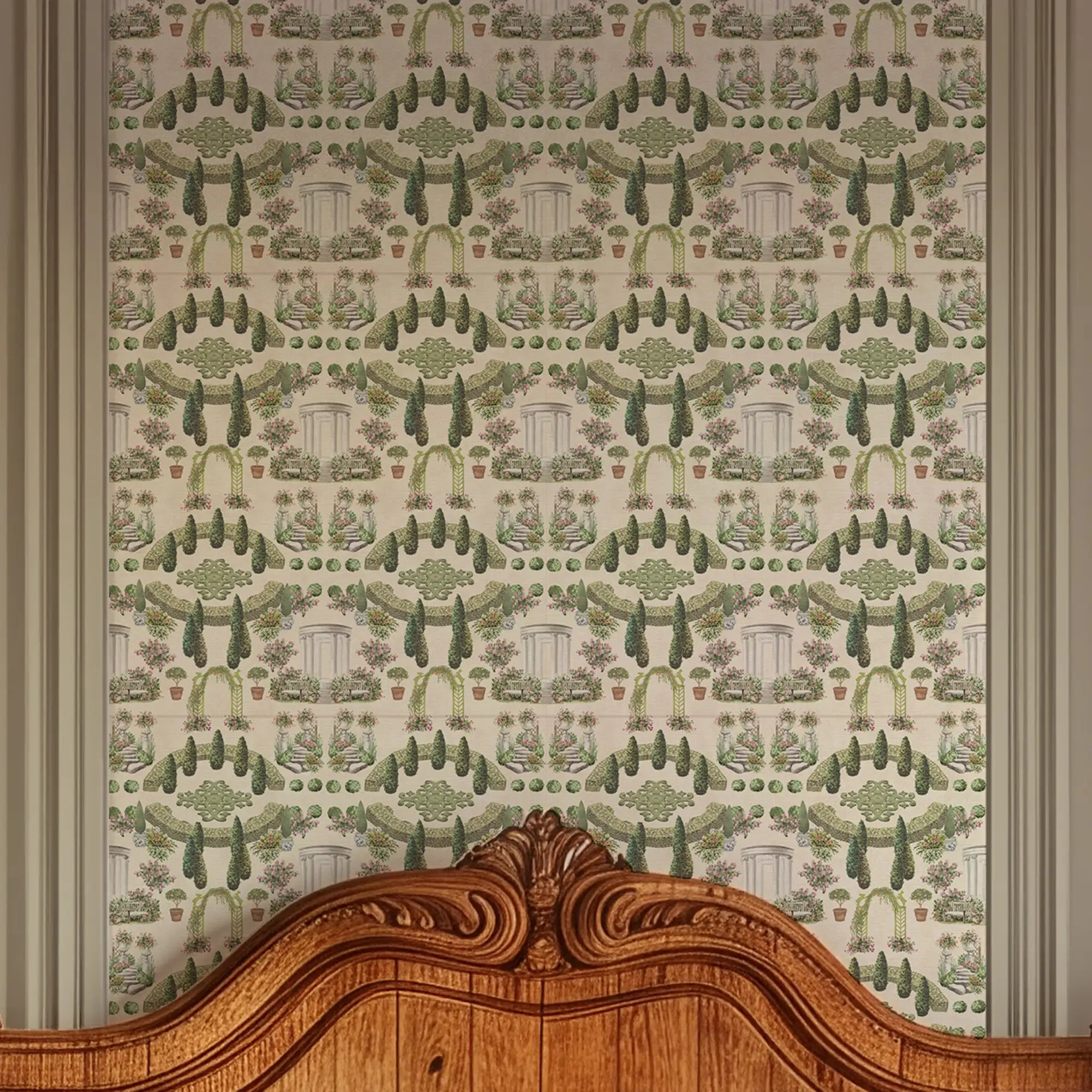 Romantic Garden Retreat Wallpaper in Greens and Pinks on Parchment Cream