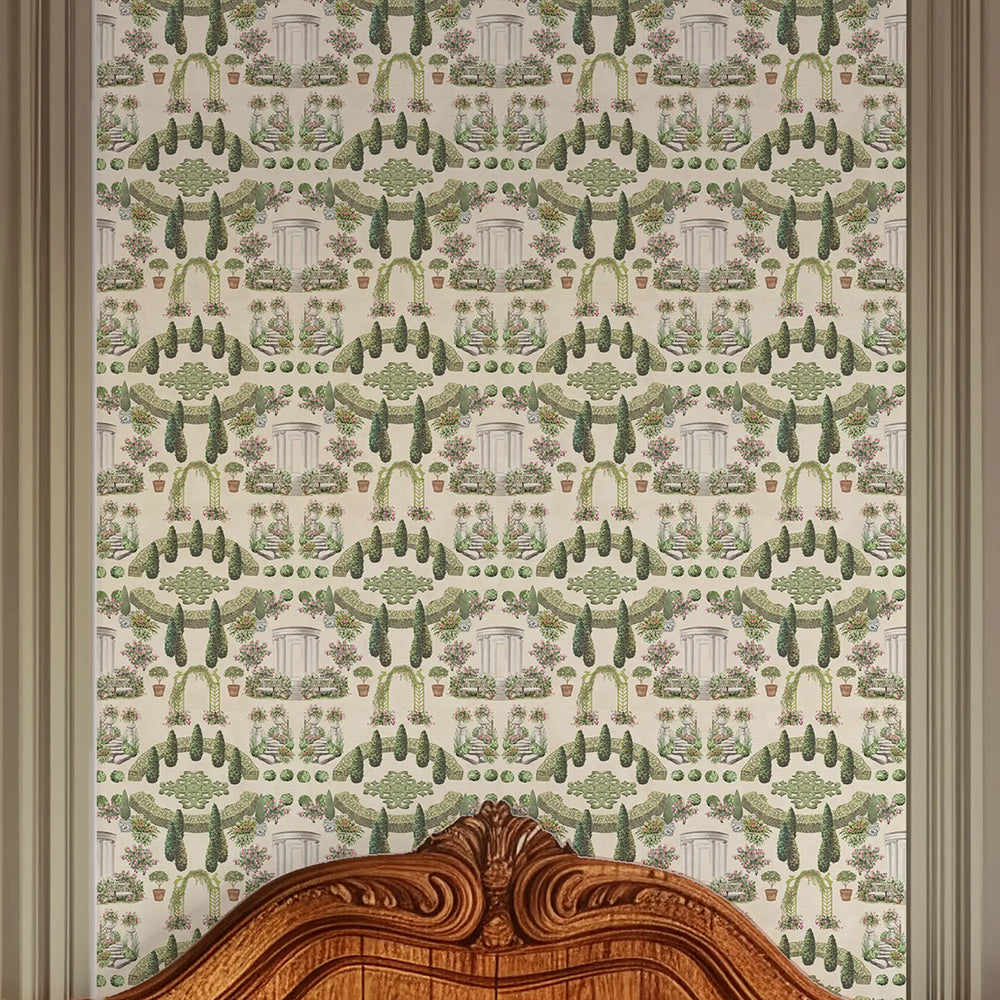 Romantic Garden Retreat Wallpaper in Greens and Pinks on Parchment Cream