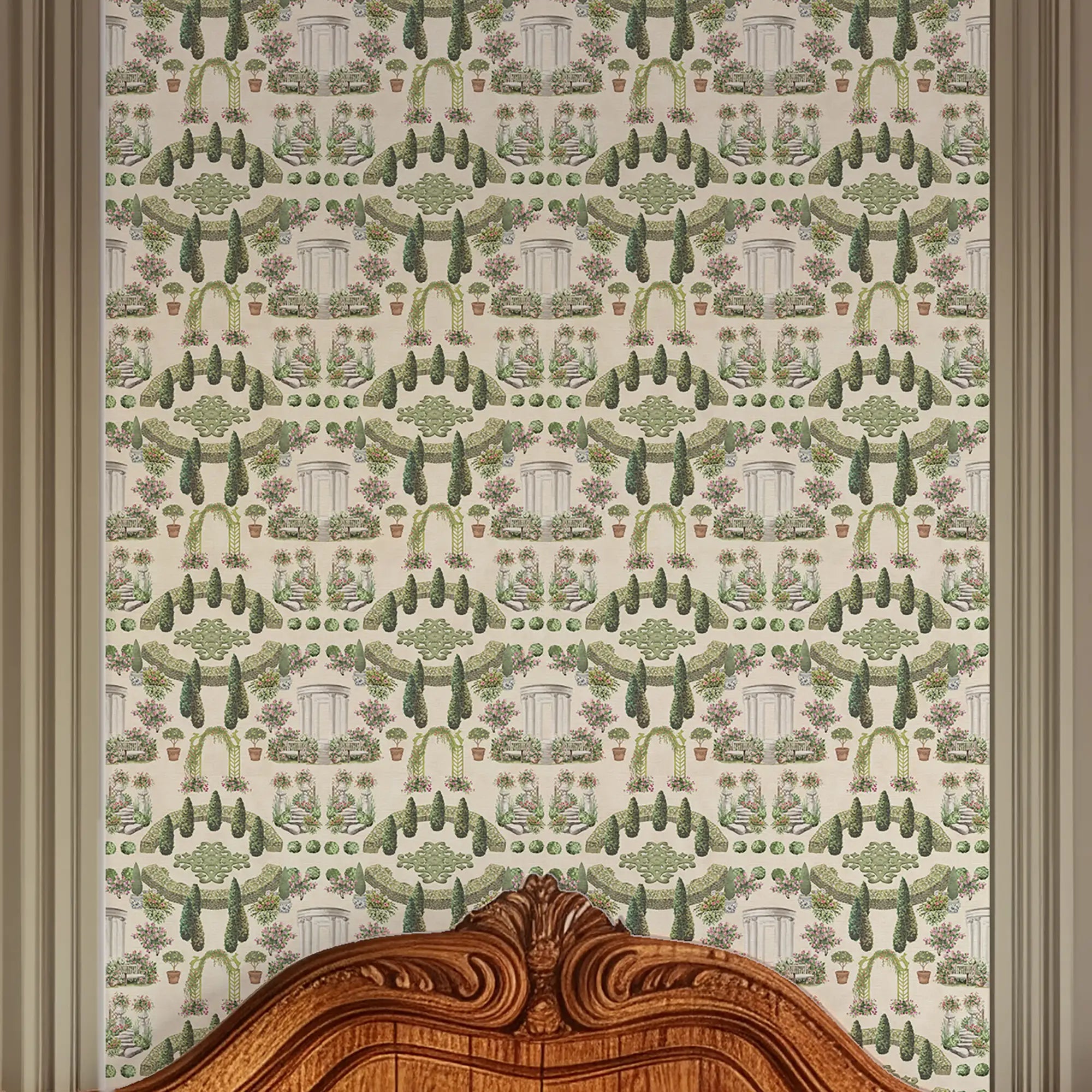 Romantic Garden Retreat Wallpaper in Greens and Pinks on Parchment Cream