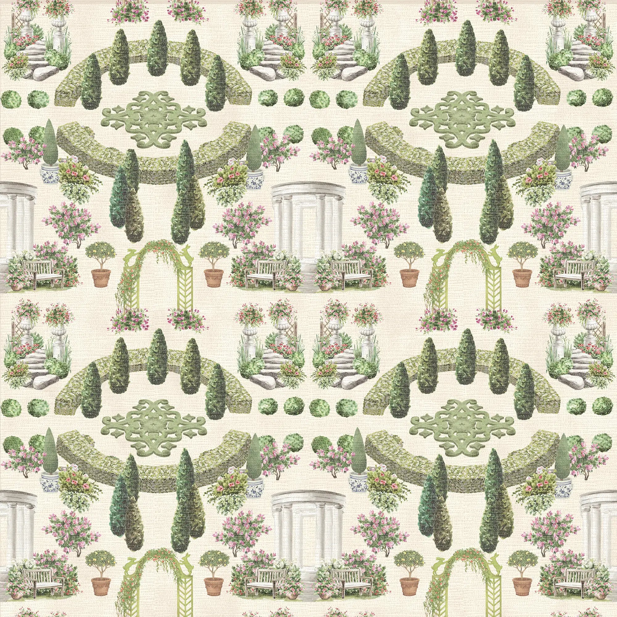 Romantic Garden Retreat Wallpaper in Greens and Pinks on Parchment Cream