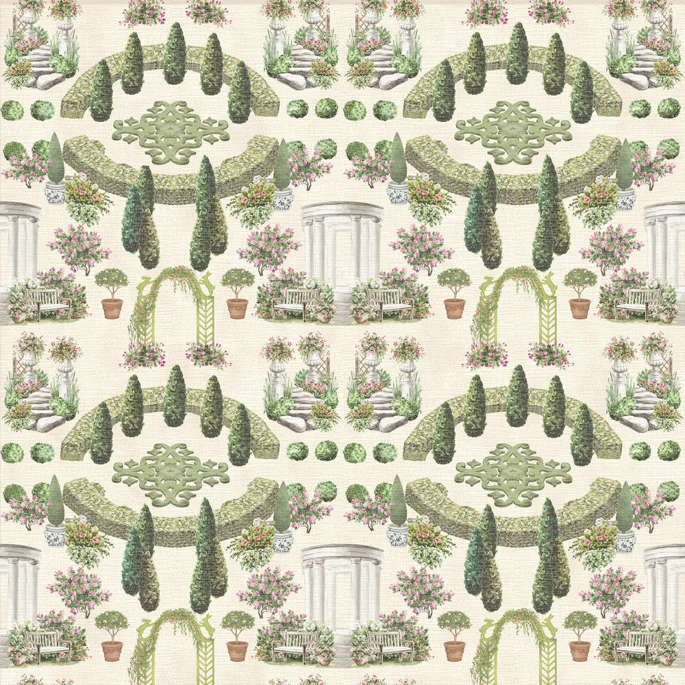 Romantic Garden Retreat Wallpaper in Greens and Pinks on Parchment Cream