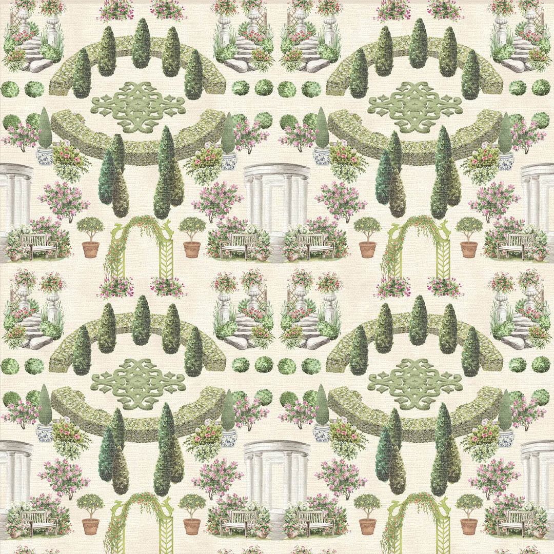 Romantic Garden Retreat Wallpaper in Greens and Pinks on Parchment Cream