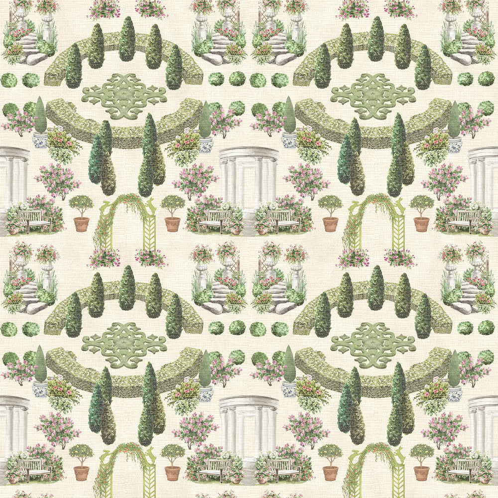 Romantic Garden Retreat Wallpaper in Greens and Pinks on Parchment Cream