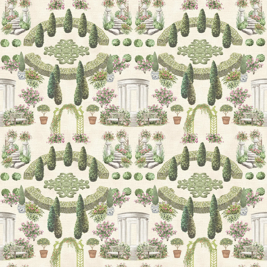 Romantic Garden Retreat Wallpaper in Greens and Pinks on Parchment Cream