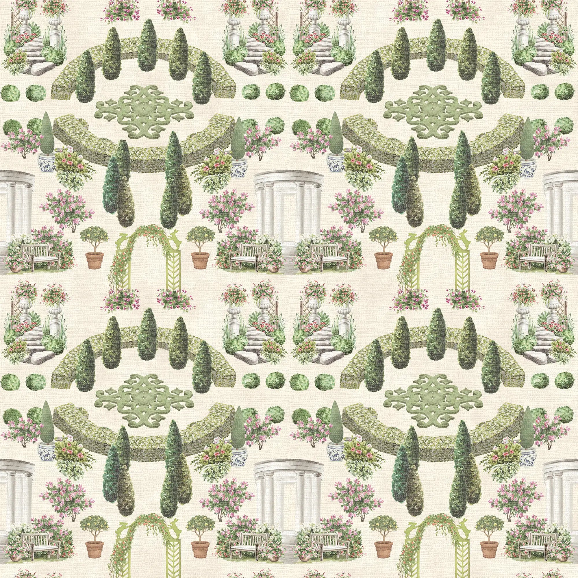 Romantic Garden Retreat Wallpaper in Greens and Pinks on Parchment Cream
