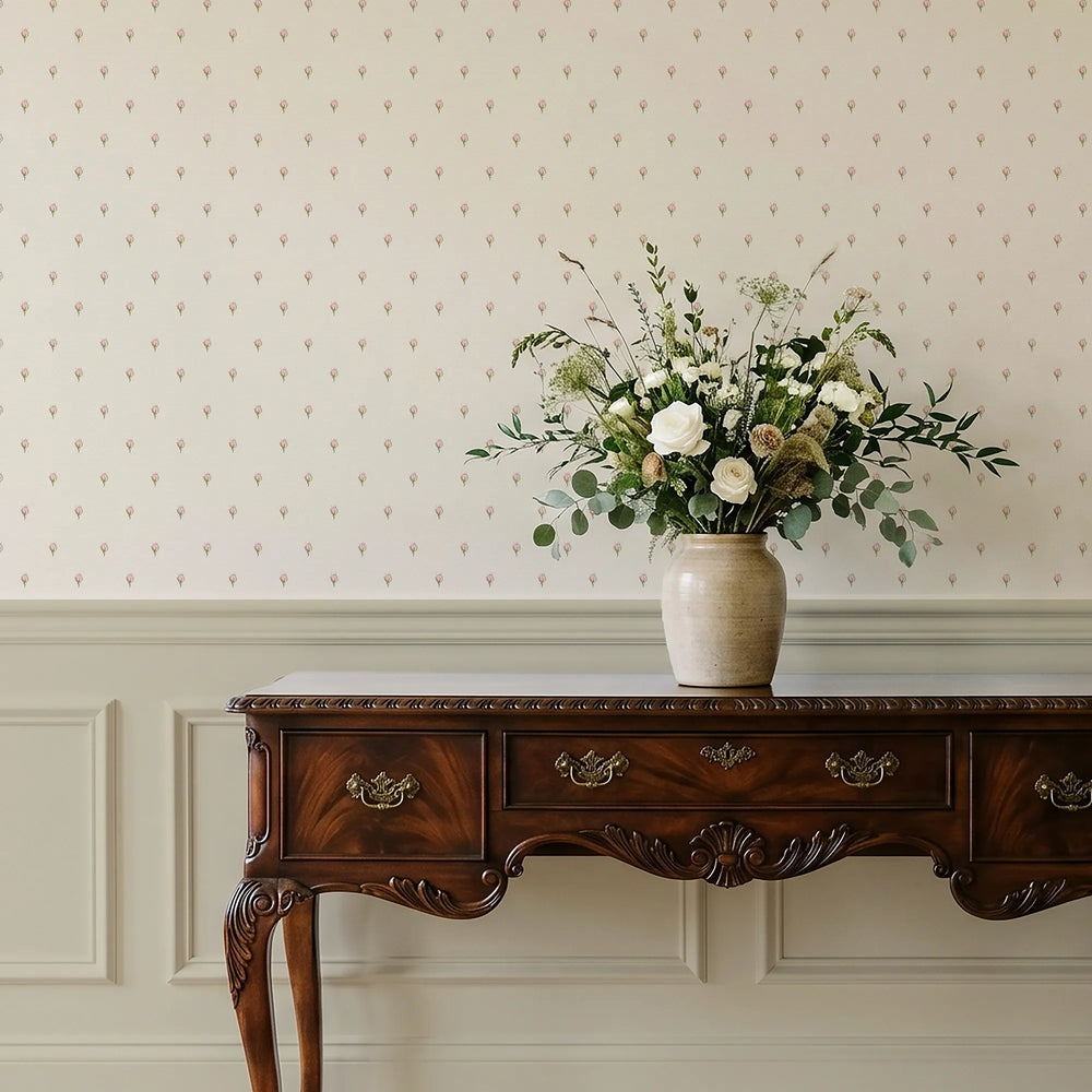 Rose Bud Wallpaper in Parchment Cream