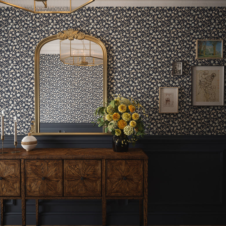 Rosehill Cottage Wallpaper in Duck Egg and Vintage Cream on Classic Navy