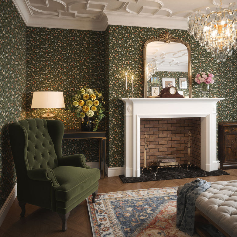 Rosehill Cottage Wallpaper in Peach and Soft Blue on Juniper