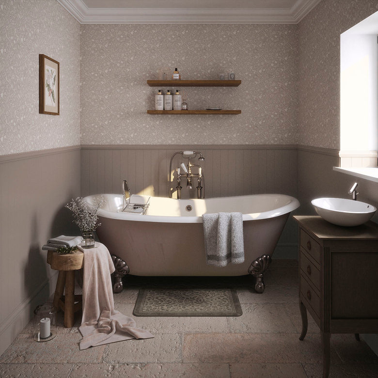 Rosehill Cottage Wallpaper in Vintage Cream and Linen on Moon Grey