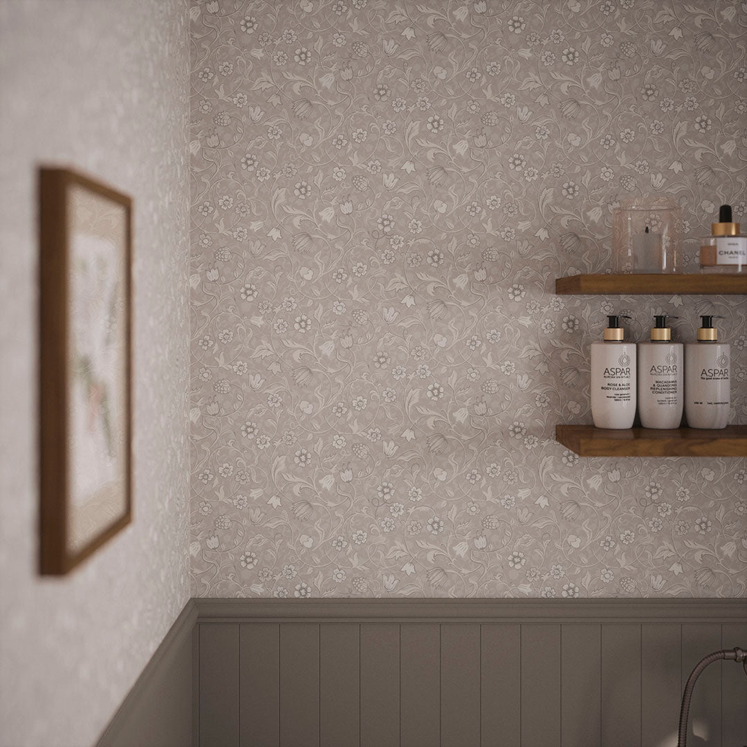Rosehill Cottage Wallpaper in Vintage Cream and Linen on Moon Grey