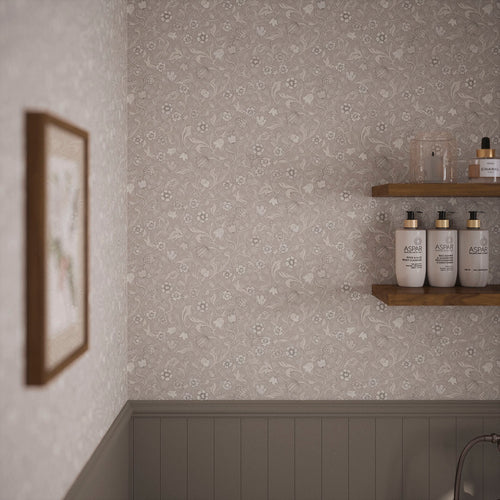 Rosehill Cottage Wallpaper in Vintage Cream and Linen on Moon Grey