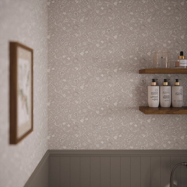 Rosehill Cottage Wallpaper in Vintage Cream and Linen on Moon Grey